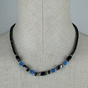 Hematite and Blue Beaded Necklace With Barrel Clasp Unisex 18 Inches Long